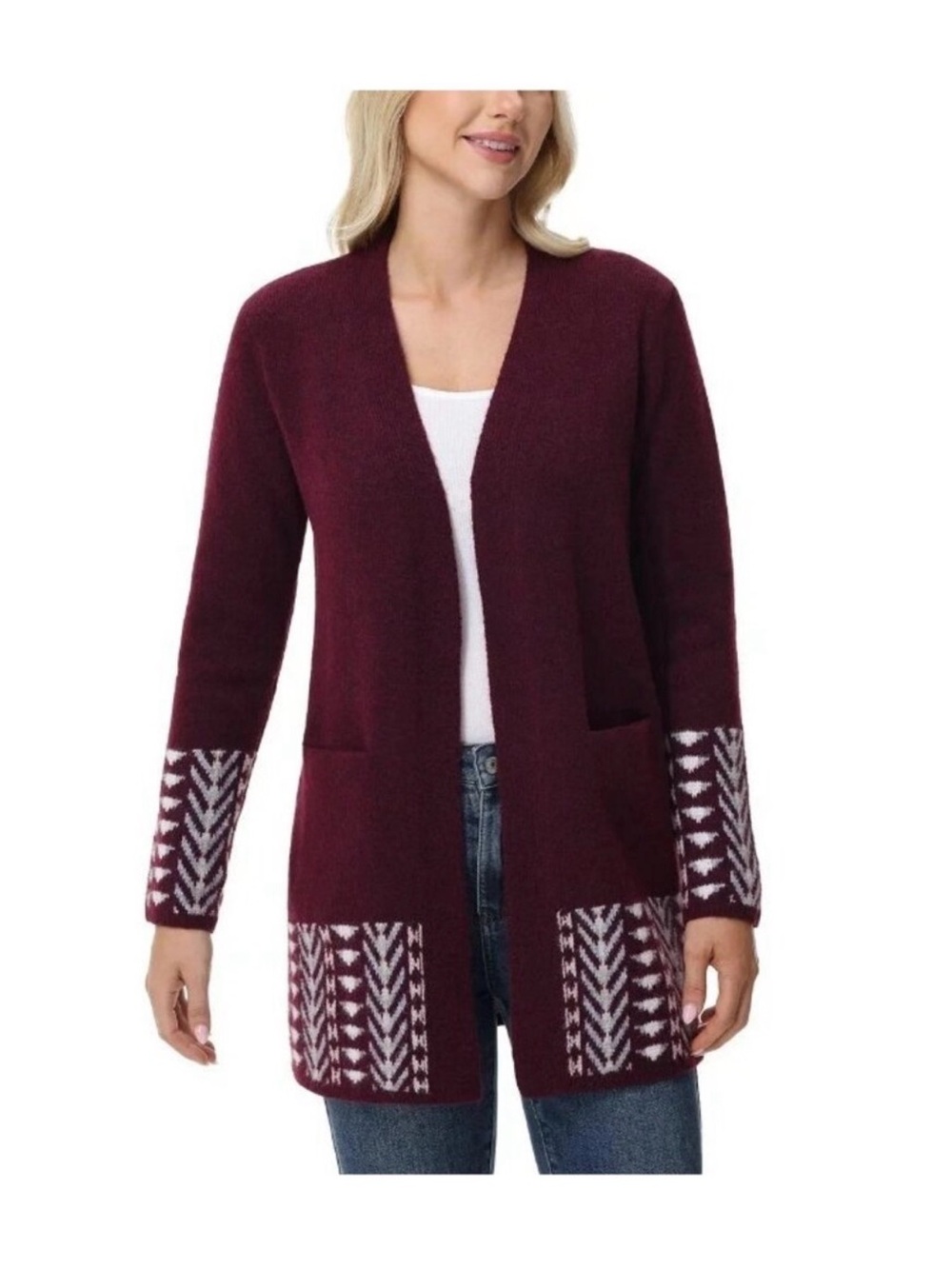 Frye Maroon Open-Front Cardigan with White Geometric Accents